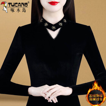 Woodpecker velvet thickened black mesh long-sleeved bottoming shirt for women new autumn and winter temperament western style inner warm shirt top black plus velvet l 100-109 pounds