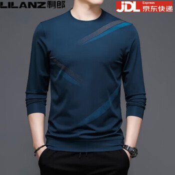 Lilan men's long-sleeved t-shirt men's autumn striped round neck young and middle-aged business casual cotton sweatshirt trend 8008 blue 2xl 180 (suitable for weight 150-170 pounds)