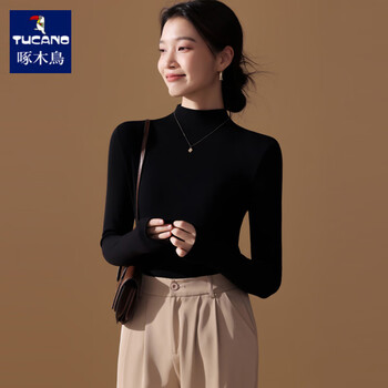 Woodpecker half turtleneck bottoming shirt for women 2025 autumn and winter new style can be worn inside and outside, slim long-sleeved plus velvet thickened black top, black half turtleneck s within 90