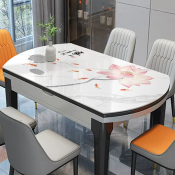 Yusenyi oval dining table mat, no-wash, oil-proof, waterproof, anti-scalding pvc desktop protection mat, light luxury and high-end dining, water lotus, middle oval part 95x150 - fan-shaped on both sides