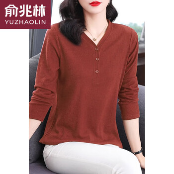 Yu zhaolin spring and autumn pure cotton long-sleeved t-shirt 2025 autumn and winter middle-aged mother's top large size loose women's shirt bottoming shirt brick red 3xl (recommended 140-160 pounds)