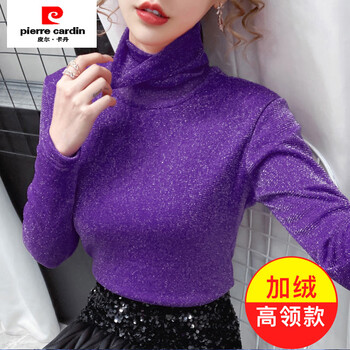 Pierre cardin bright silk bottoming shirt women's turtleneck plus velvet thickened mesh top autumn and winter style warm and versatile outer wear long-sleeved women's t-shirt purple turtleneck plus velvet s recommended 75-90 pounds