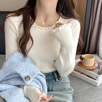 Yu zhaolin (yuzhaolin) fungus edge knitted bottoming shirt for women 2025 autumn and winter new style sweater with round neck long sleeve small fragrance top