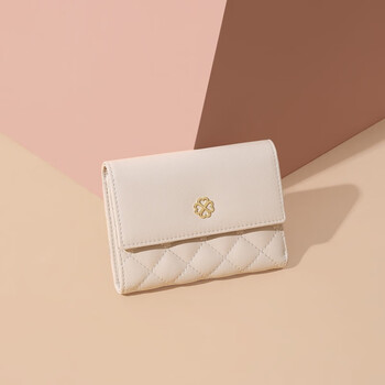 Scarecrow short cowhide wallet women's folding simple women's wallet mini fresh coin purse birthday gift for girls beige one size