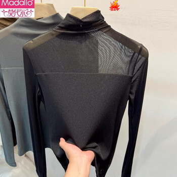 Modal half turtleneck splicing mesh lightweight long-sleeved t-shirt for women 2026 early autumn new bottoming shirt slim inner top black s
