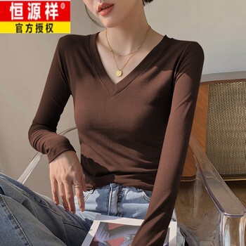 Hengyuanxiang pure cotton v-neck long-sleeved t-shirt for women in autumn and winter, slim-fitting apricot color slimming top, right shoulder t-shirt, pure desire inner layering shirt, coffee color s 80-95 catties