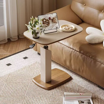 Meng yisheng saddle leather lifting side bedside table, antique style living room coffee table, small table, movable bedside computer table, liftable +360, rotating table top, white saddle leather veneer + walnut base