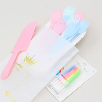 Sai lotto birthday fork plate candle paper plate colorful fork and spoon set combination four-in-one fork and plate tableware 10 color forks 10 long plate pink candle 100 sets