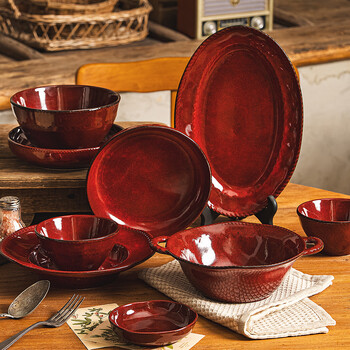 Deardali kiln-turned underglaze color ceramic plates and dishes, household new dishes and tableware sets, high-end light luxury dishes and plates, retro kiln-turned red series - standard for six people
