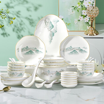 Jintaiheware third generation bone china, seven filters and five sieves, bone china bowl and dish set, household tableware, chinese style housewarming bowl and dish combination gift box, 39-piece gift box, suitable for 6 people