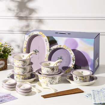 Xiderun underglaze colored iris flower bowl and plate set for home move-in, new home bowl and plate, wedding gift tableware, chopsticks and bowls gift box, 6-piece set for one person - iris flower