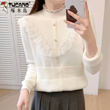 Woodpecker plus velvet thickened western style half turtle collar lace all-in-one velvet sweater women's 2025 autumn and winter new bottoming sweater top white one-in-one velvet thickened l 110-120 jin