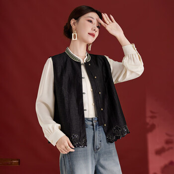 Ink beauty cuiying yiyi heavyweight mulberry silk fragrant cloud yarn turtle pattern old material sleeveless embroidered vest short top 1767 black m