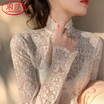 Langsha half turtleneck lace bottoming shirt for women 2025 autumn and winter sweater with velvet thickened mesh mid-collar top small shirt spring white velvet m