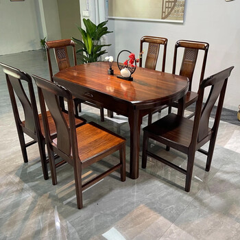Mubin all solid wood dining table and chair combination for small apartments, square and round foldable ebony wood dining table, new chinese style round table, all solid wood ebony mortise and tenon joint, one table and 6 chairs, 1.35 meters