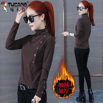 Woodpecker velvet thickened t-shirt for women 2025 new warm korean style style inner high collar bottoming shirt long-sleeved winter top brown velvet s (super good quality) within 85 pounds
