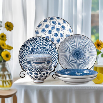 Mino yaki classic japanese-style indigo-painted ancient dyed ceramic underglaze color bowls and plates 10-piece household tableware set 4.5-inch rice bowl + plate 10 pieces 10 pieces