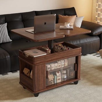 Fanxingze solid wood sofa side table, black gold wood, all solid wood side cabinet, mobile coffee table, small apartment cart, multi-functional lifting tea table, upgraded version, black gold, movable lifting folding coffee table