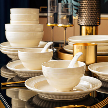 Cream jingdezhen dishware and tableware set high-end household ceramic underglaze color practical high-value bowl and plate set 56-piece set | healthy underglaze color | gift box