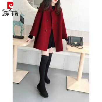 Pierre cardin premium double-sided cashmere coat for women 2025 spring and autumn new style small right shoulder woolen short cape coat burgundy s suitable for 95-110 pounds