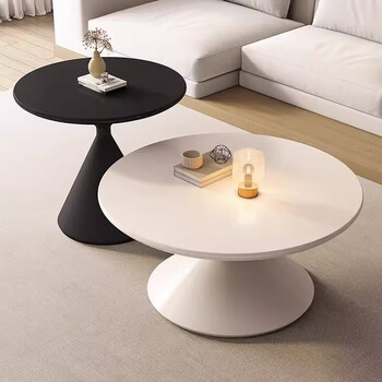 Cream style solid wood tea house minimalist living room small apartment modern simple high-end round movable side table large white and small black 50+70 combination thickened quality