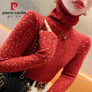 Pierre cardin red double-sided german velvet turtleneck bottoming shirt for women 2025 autumn and winter new style plus velvet thickening slim inner thermal top red brushed thin section m recommended 80-95 pounds