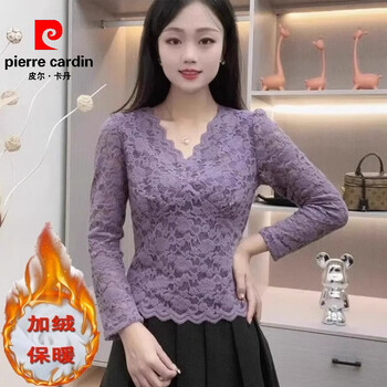Pierre cardin sexy v-neck lace bottoming shirt women's designed western style inner top small shirt 2026 autumn and winter plus velvet thickened t-shirt purple plush velvet sleeves without velvet xl