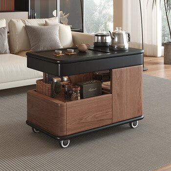 Yuedu movable coffee table living room home balcony small tea table tea table kettle tea all-in-one sofa side table side cabinet walnut + black stainless steel water boiling set