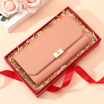 Crocodile shirt new year's gift tri-fold wallet for women first-layer cowhide long fashion ticket holder gift box pink