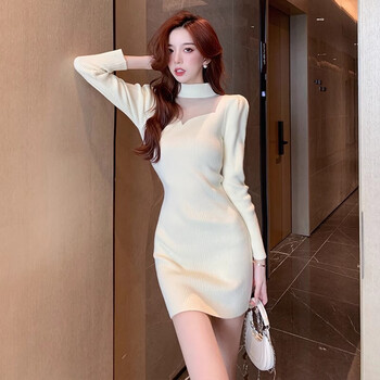 Yoekbird white knitted sweater dress for women autumn and winter 2025 new coat with bottoming slim fit hip skirt apricot style s recommended 80kg-90kg