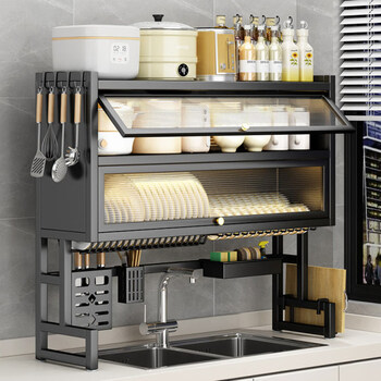 He jiagong kitchen sink storage rack household countertop multi-functional dust-proof sink storage rack dish plate drain cabinet yahei double-layer long 65 full set of pendants