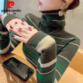 Pierre cardin green retro german velvet turtleneck bottoming shirt for women 2025 autumn and winter new style warm and warm inner top for women, green brushed thin section xl recommended 105-115 pounds