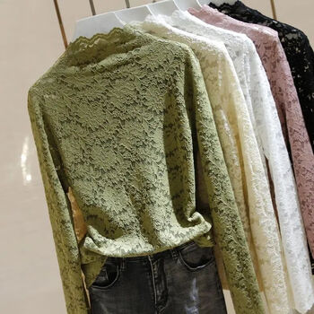 Summer lace bottoming shirt for women in spring and autumn with lace half-high collar and stylish outer wear pullover mesh long-sleeved top green lace shirt xl recommended 110-119 pounds