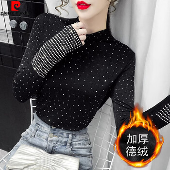 Pierre cardin heavy industry hot diamond bottoming shirt 2025 new autumn and winter black style thickened half-high collar design top for women black starry sky thickened l recommended 105-115 catties