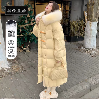 Laren feiyun high-end brand down jacket women's mid-length 2025 winter new loose slimming small over-the-knee long coat cream yellow (real fox big fur collar) s 115 130 pounds