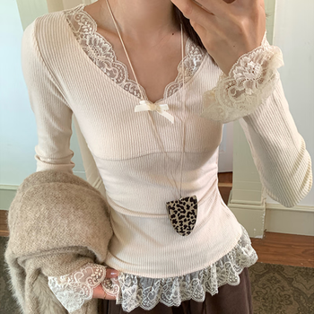 Ono seven days apricot lace bottoming shirt long-sleeved t-shirt for women in autumn and can be worn outside and slimming bottoming shirt top apricot s