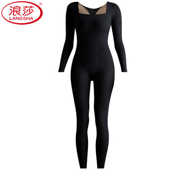 Langsha autumn and winter warm bra-free one-piece body shaping garment sculpted belly control long sleeve long pants body shaping corset black back release style with breast pad xl (weight 120-135 catties)