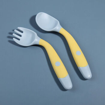 Deluxe twisted spoon baby learning to eat training spoon and fork bendable baby elbow fork and spoon practice chopstick baby meal locke yellow flexible spoon + fork