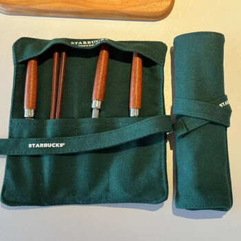 Clcey304 walnut three-piece tableware set for students, travel, office workers, spoons and chopsticks, portable cloth bag, starbucks style, one dark green tableware storage bag (excluding tableware) 20