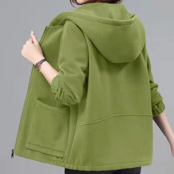 Shangtao velvet thickened hooded cardigan sweatshirt women's autumn and winter new warm long-sleeved large size loose casual short coat avocado green xl recommended 110-120 pounds