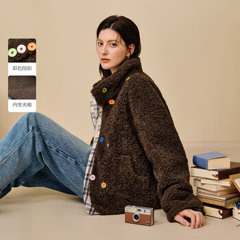 Inman quilted colorful button plaid splicing imitation lamb wool jacket 2025 winter women's new short top coffee color m