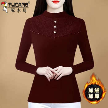 Woodpecker half turtleneck german velvet bottoming shirt for women in autumn and winter new style plus velvet and thickened inner cover belly beaded lace warm top burgundy top thickened xl recommended 112-125 pounds