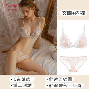 Triumph bra set sexy french underwear women's small breast push-up wire-free lace triangle cup bra summer skin pink set 75b 34