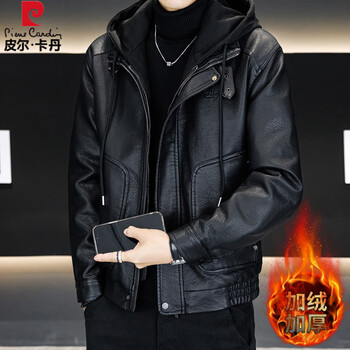 Pierre cardin 2025 autumn and winter detachable hat fake two-piece velvet thickened leather jacket men's jacket black velvet thickened 3xl suitable for 140-155 pounds