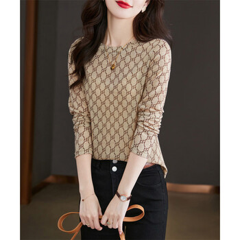 Shangjing retro pattern printed top women's bottoming shirt, autumn style, breathable, comfortable, slim and slim