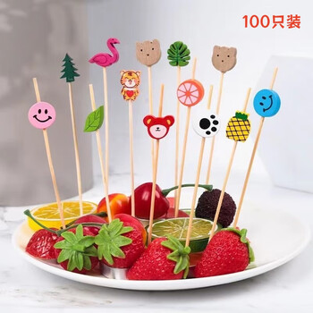 Yumi disposable bamboo skewers, fruit picks, cocktail decoration, sandwich picks, snack forks, hamburger fixed toothpicks, fruit picks, mixed fruit picks, 12cm, 100 pieces