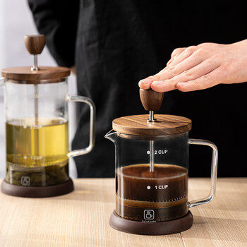 He jiagong coffee french press coffee pot walnut cover glass pot filtered tea french press pot sharing pot filter cup bamboo cover french press pot 400ml