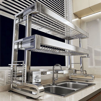 Jubufan 304 stainless steel kitchen sink storage rack drain dish rack basket pool dish storage rack utensils collection 304 stainless steel 66 long double layer - standard style