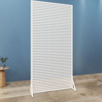 Tool hanging board, iron art hardware, hole board, floor-standing round hole calligraphy and painting display rack, jewelry accessories, mobile push-pull storage rack, high-gloss white floor-standing model, height 200*120 cm, free 50 hooks