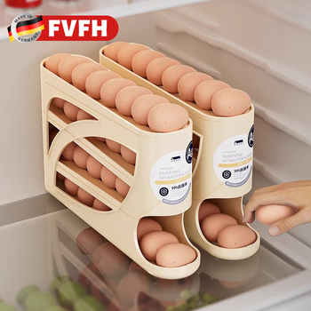 Fvfh german slide rolling egg storage box storage home refrigerator side door kitchen egg artifact automatic egg rolling rack cream color 1 pack can hold about 30 eggs